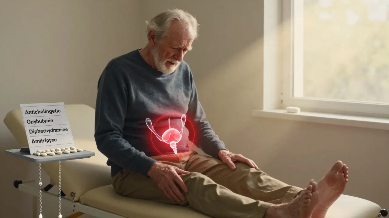 An elderly man with a glowing bladder scan above him, anticholinergic pills casting heavy shadows nearby.