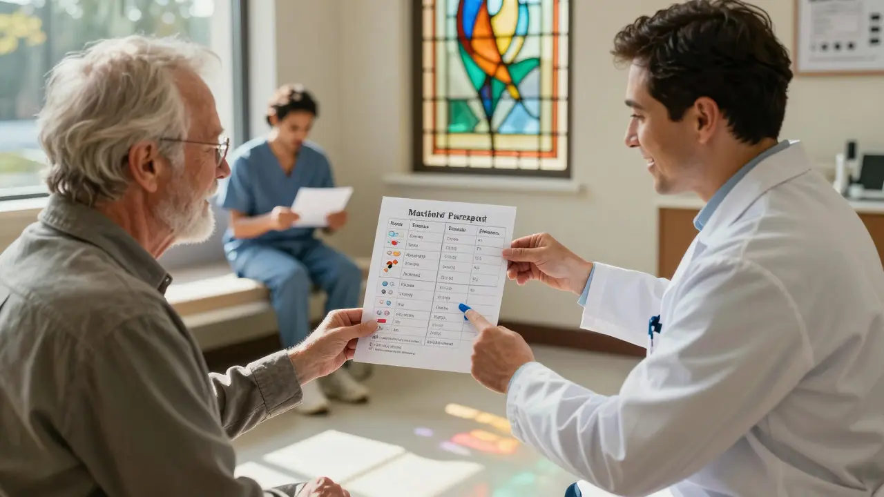 An elderly patient reviews a clear medication list with a pharmacist in a sunlit clinic, symbolizing safe outpatient care.