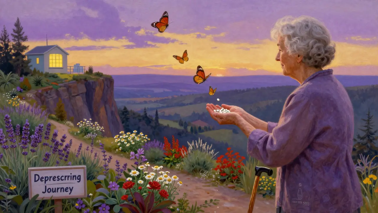 An elderly woman releasing pills that become butterflies, standing before a path of healing herbs.