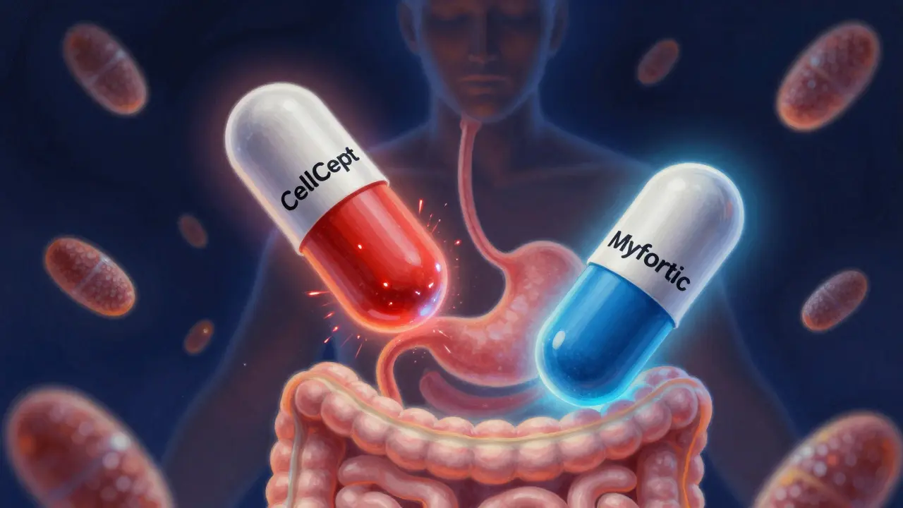 CellCept and Myfortic pills in a glowing digestive tract, showing different release patterns.