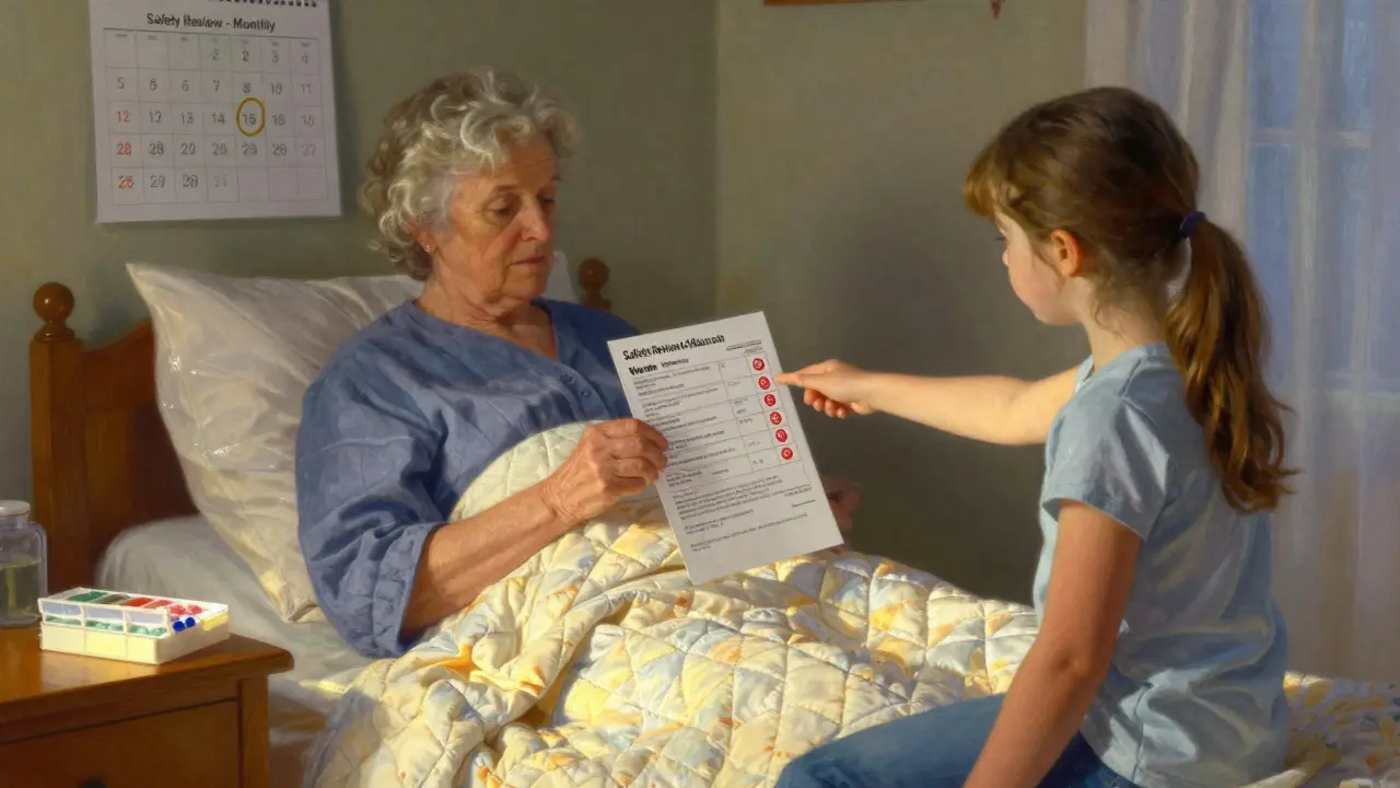 Elderly woman and granddaughter reviewing a medication list with safety alerts at dawn, sunlight illuminating the printed warnings.