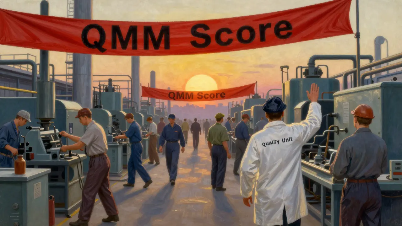 Factory workers frozen in place as a Quality leader halts production, with a rising QMM Score like a sunrise.