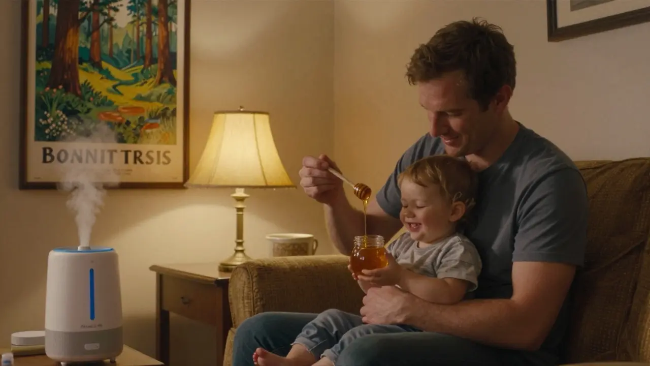Father giving honey to his toddler at bedtime, with a humidifier glowing gently nearby.