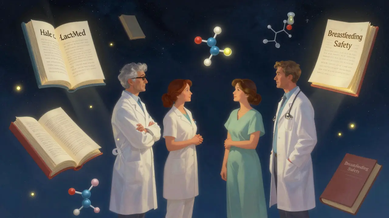Floating medical books and molecular structures illuminate a consultation about breastfeeding and drugs.