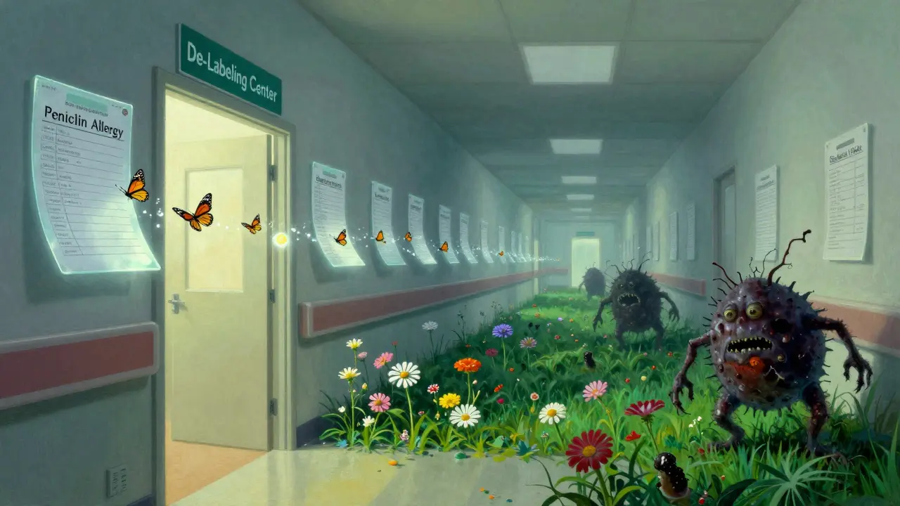 Floating patient charts dissolve into butterflies as they enter a de-labeling center, while superbugs fade away.