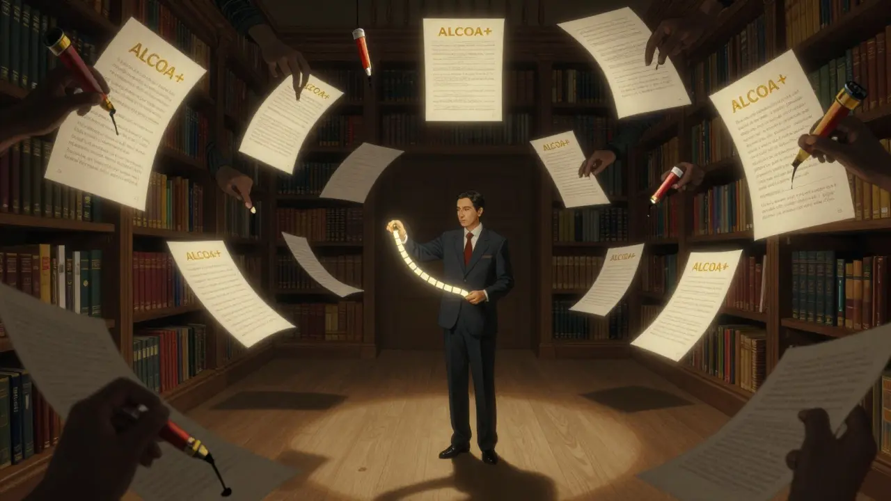 Floating records with golden ALCOA+ text, shadowy hands erasing data, and an inspector holding a glowing audit trail.