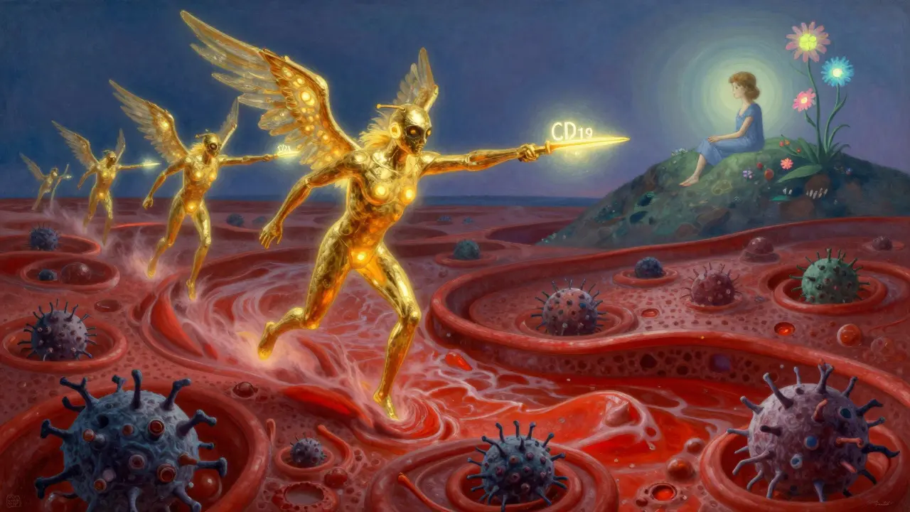 Golden CAR T-cells like celestial warriors fight cancer cells in a glowing bloodstream, while a patient watches from a hilltop.