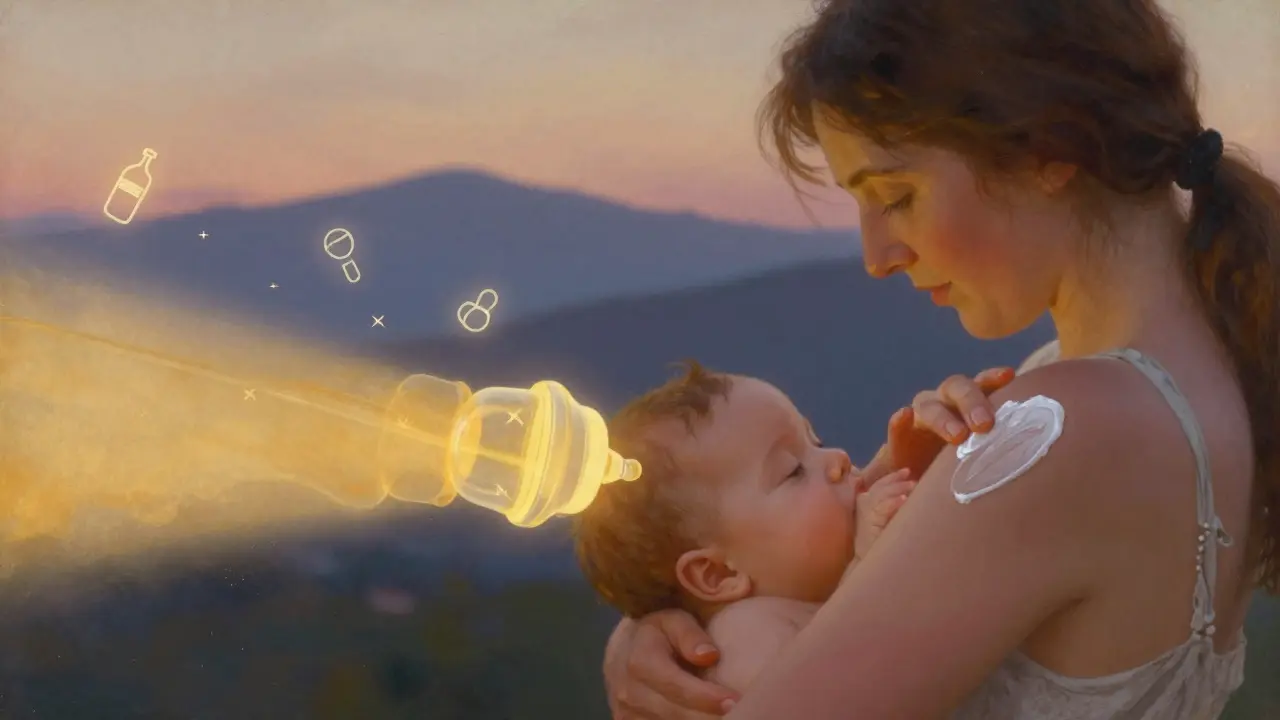 Mother applying cream while nursing, with a glowing barrier ensuring safety and safe drugs glowing like stars.