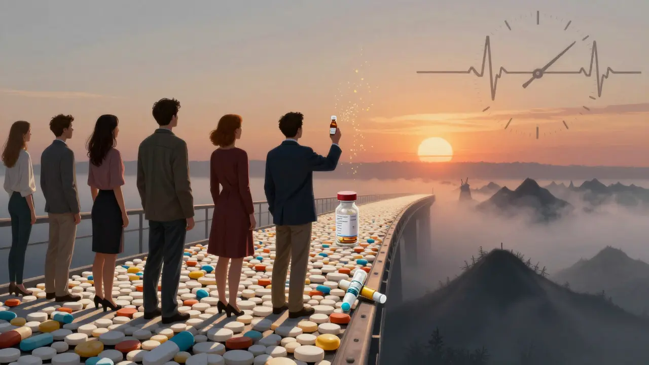 People on a pill bridge walking toward sunrise, leaving mood swings behind in the mist.