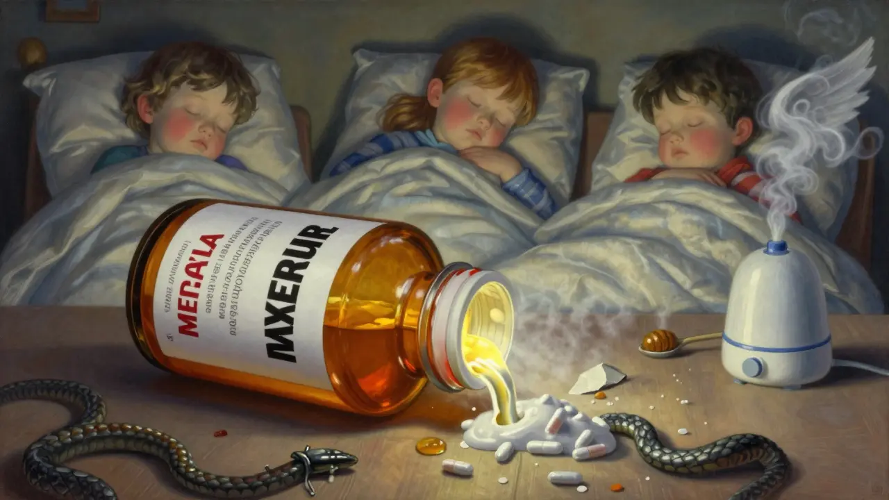 Shattered cough syrup bottle with shadowy toxins, while children sleep safely with honey and humidifier.