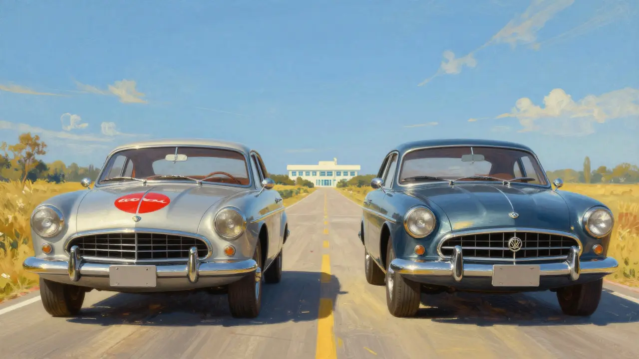 Two identical vintage cars side by side, one branded and one generic, under a glowing sky with a hospital in the distance.