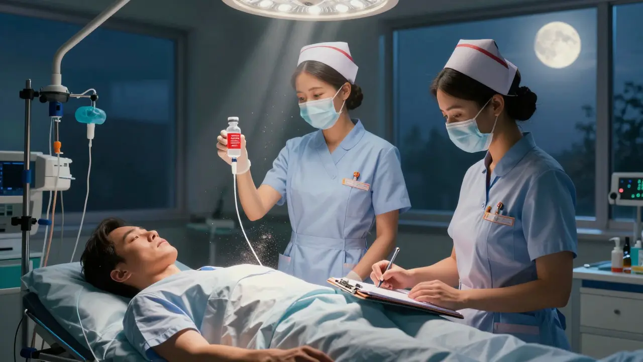 Two nurses confirming ventilation before administering a neuromuscular blocker, with a glowing warning label and signed logbook.