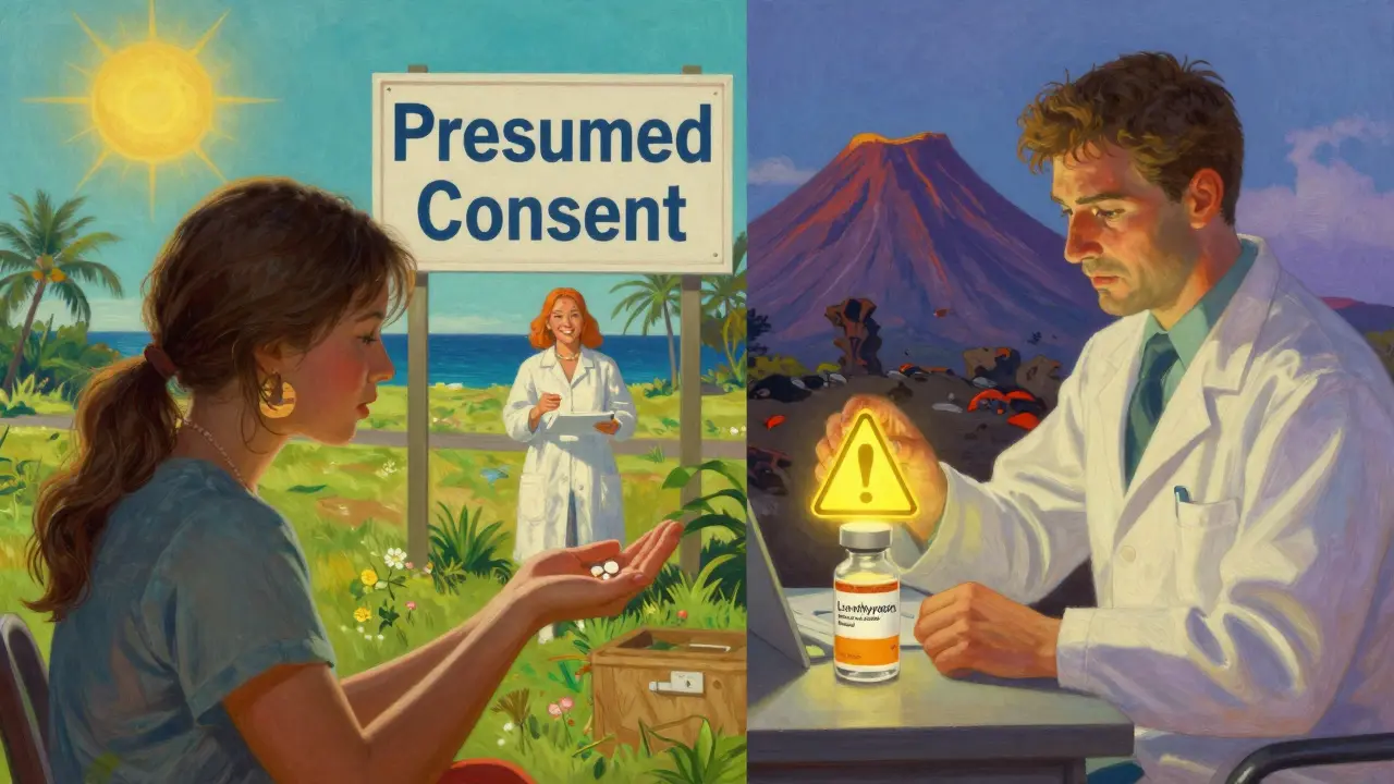 Two patients at a state border experience different generic substitution rules under contrasting lighting and landscapes.