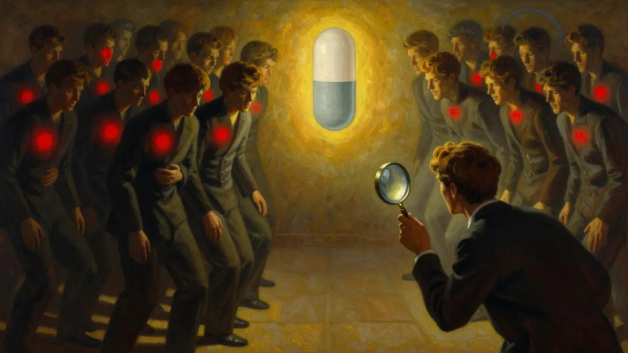 Two sides of 100 people showing nausea risk increase from 5% to 10%, with a pill between them.