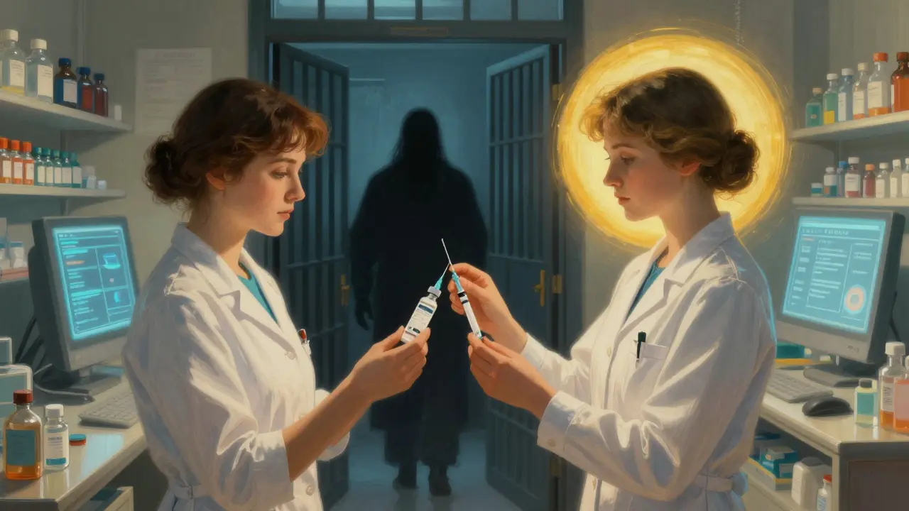 Two staff members double-check insulin in a glowing pharmacy, while a dangerous substance is barred away and an AI alert hovers softly above.