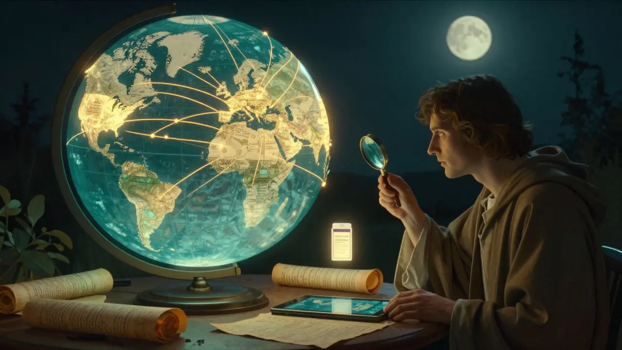 A glowing globe with golden threads connects global drug safety reports under moonlit light.