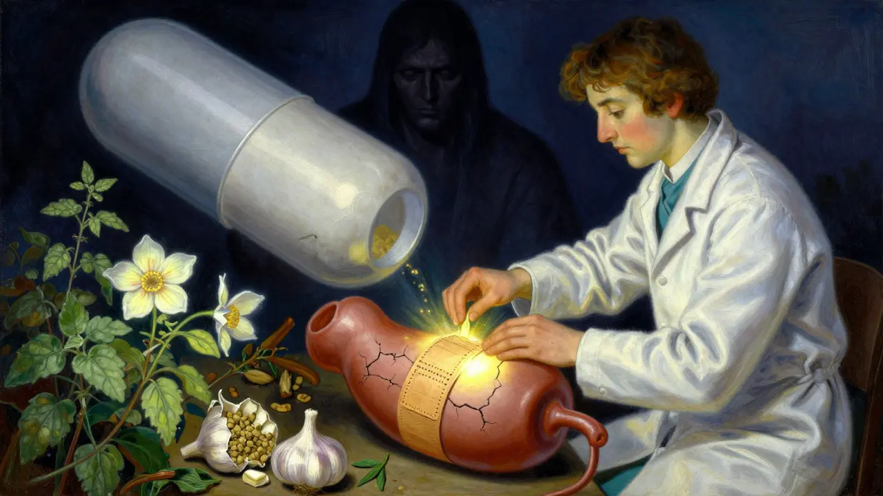 A healer tending to a cracked gut valve while herbal remedies bloom nearby, under richly painted twilight hues.