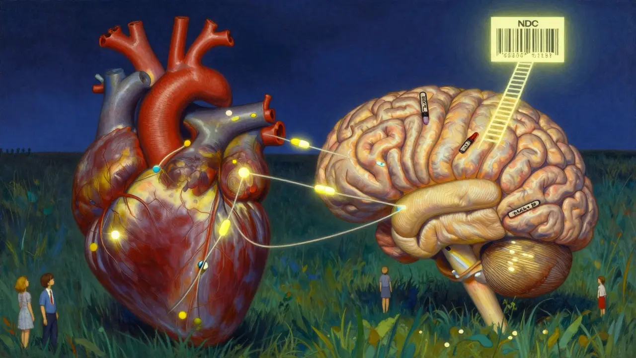 A heart and brain connected by glowing threads of medication, one flickering, with an NDC barcode leading to the FDA logo.