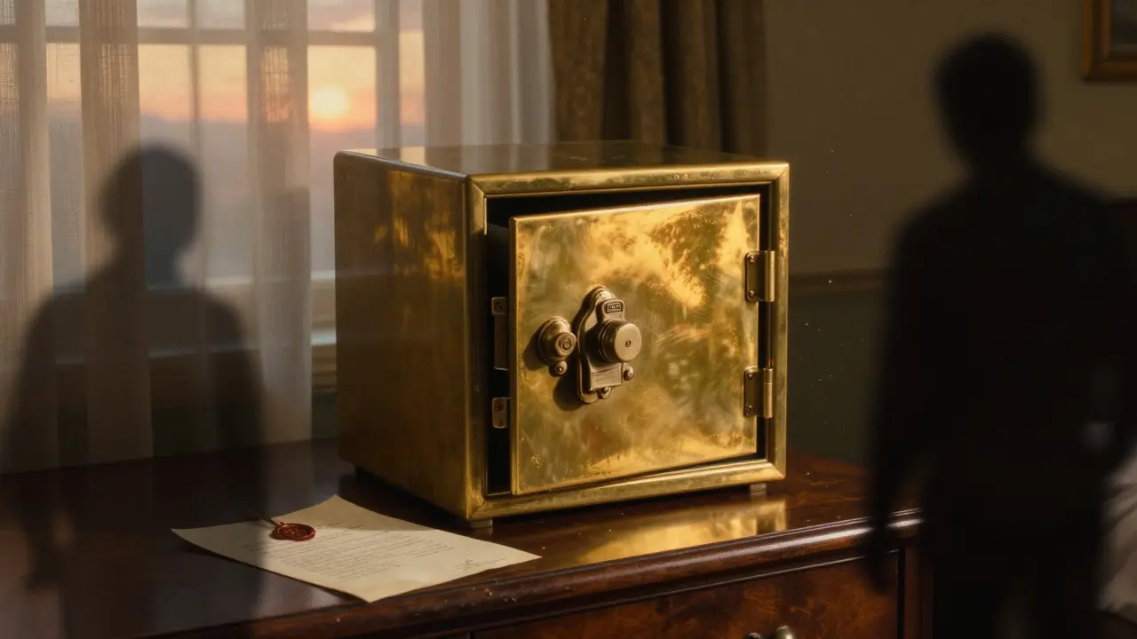 A medication case locked in a hotel safe at dusk, with a doctor's letter beside it, bathed in sunset glow.