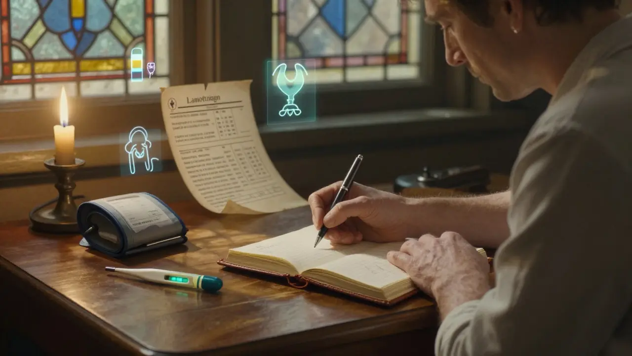 A patient journaling symptoms beside floating medical tools and medication icons, illuminated by soft candlelight and sunlight.