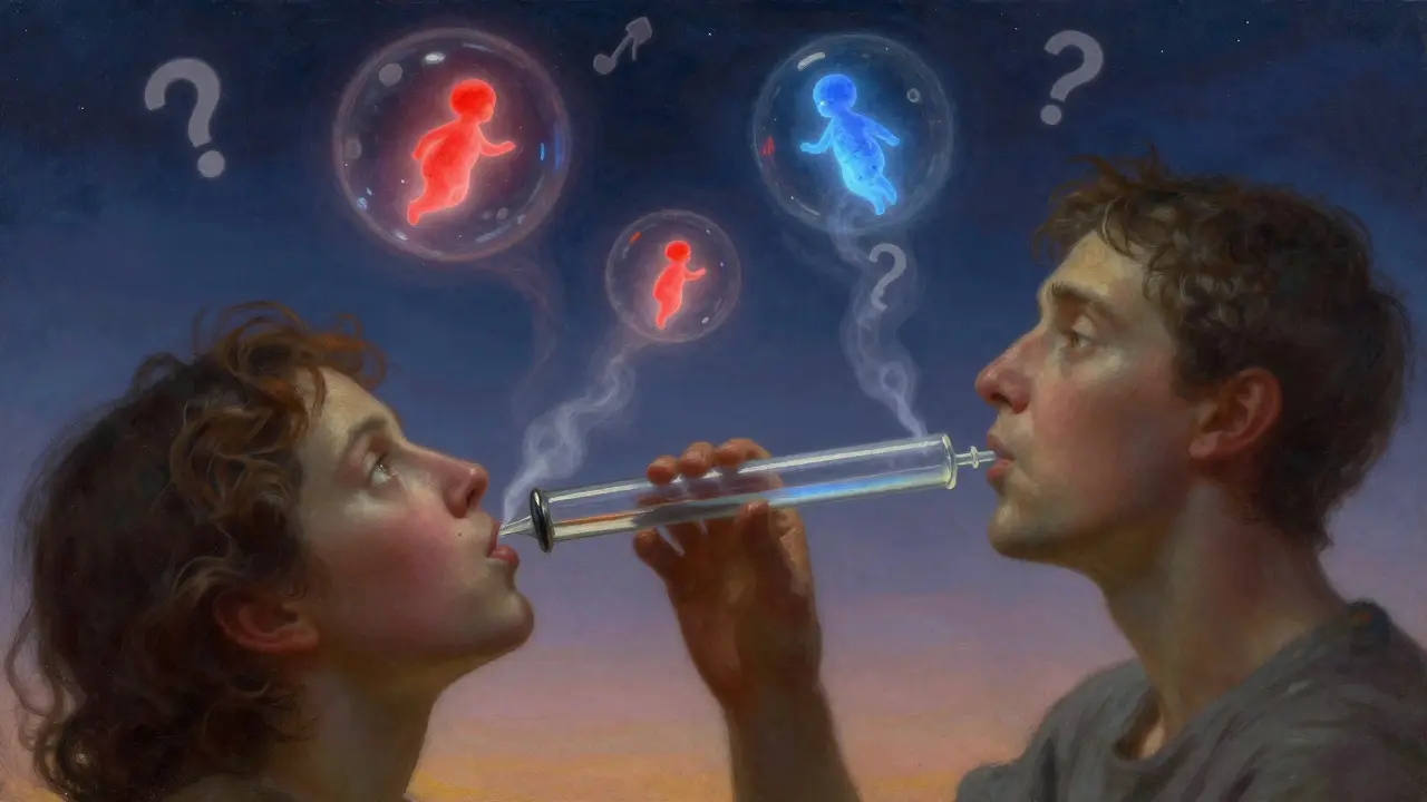 A person blowing into a breath test tube as glowing gas orbs rise into a starry sky with medical symbols.