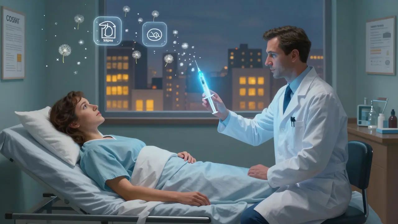 A pharmacist offering a glowing injectable syringe to a patient, while symbols of cost and stigma dissolve into dandelion fluff under warm city lights.