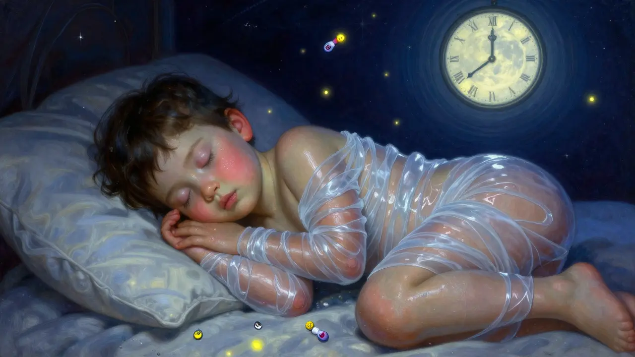 A sleeping child with shimmering wet wraps and firefly-like molecules calming skin inflammation.