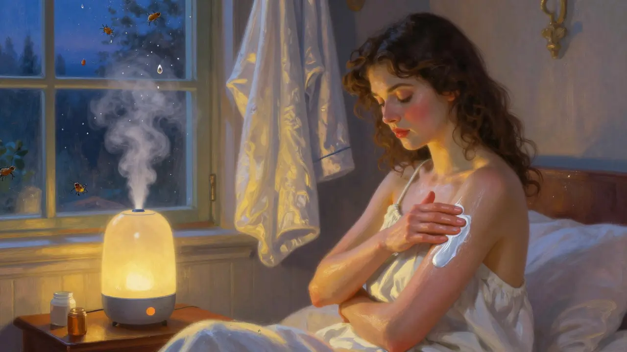 A woman applying ceramide cream in a tranquil bedroom with humidifier mist and cotton fabrics.