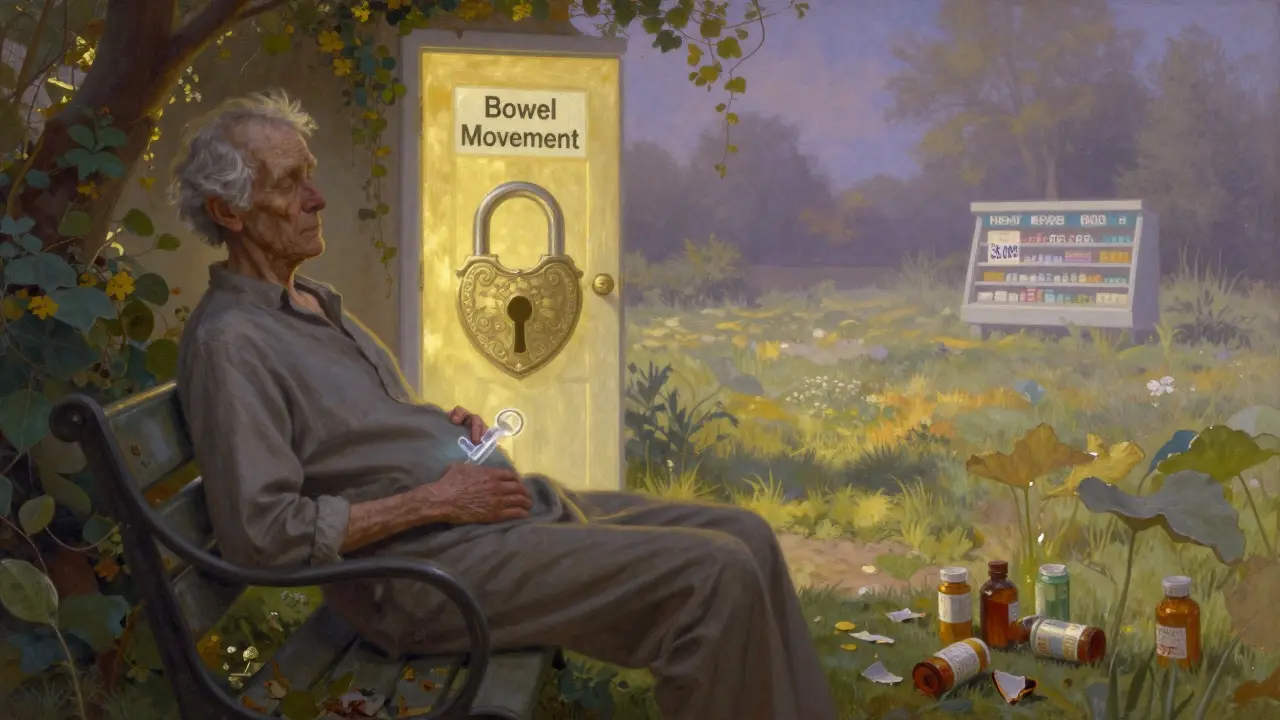 An elderly patient peacefully unlocking a gut lock to reveal a sunlit meadow, with discarded laxatives at their feet.