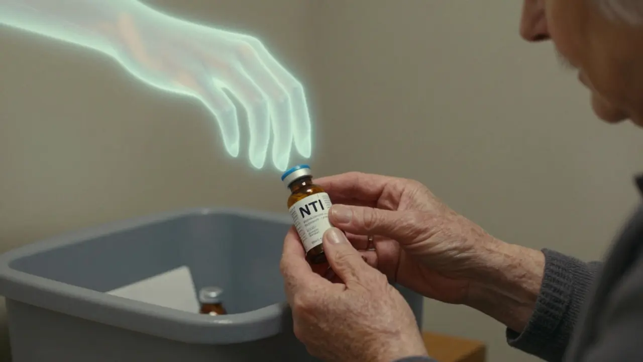 An elderly person disposing of expired medication as a glowing hand offers a fresh vial.