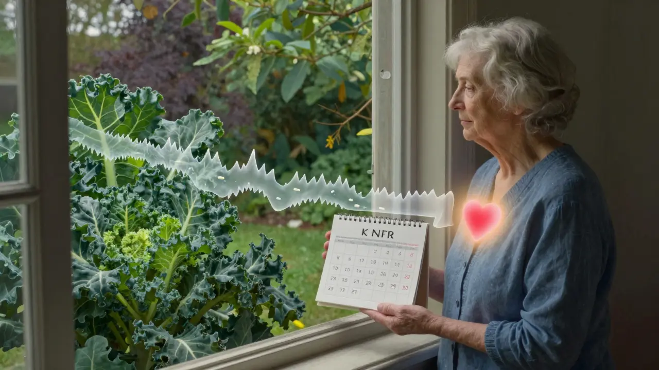 An elderly woman by a garden of greens, with vitamin K molecules flowing into her body, representing sustained anticoagulation control.