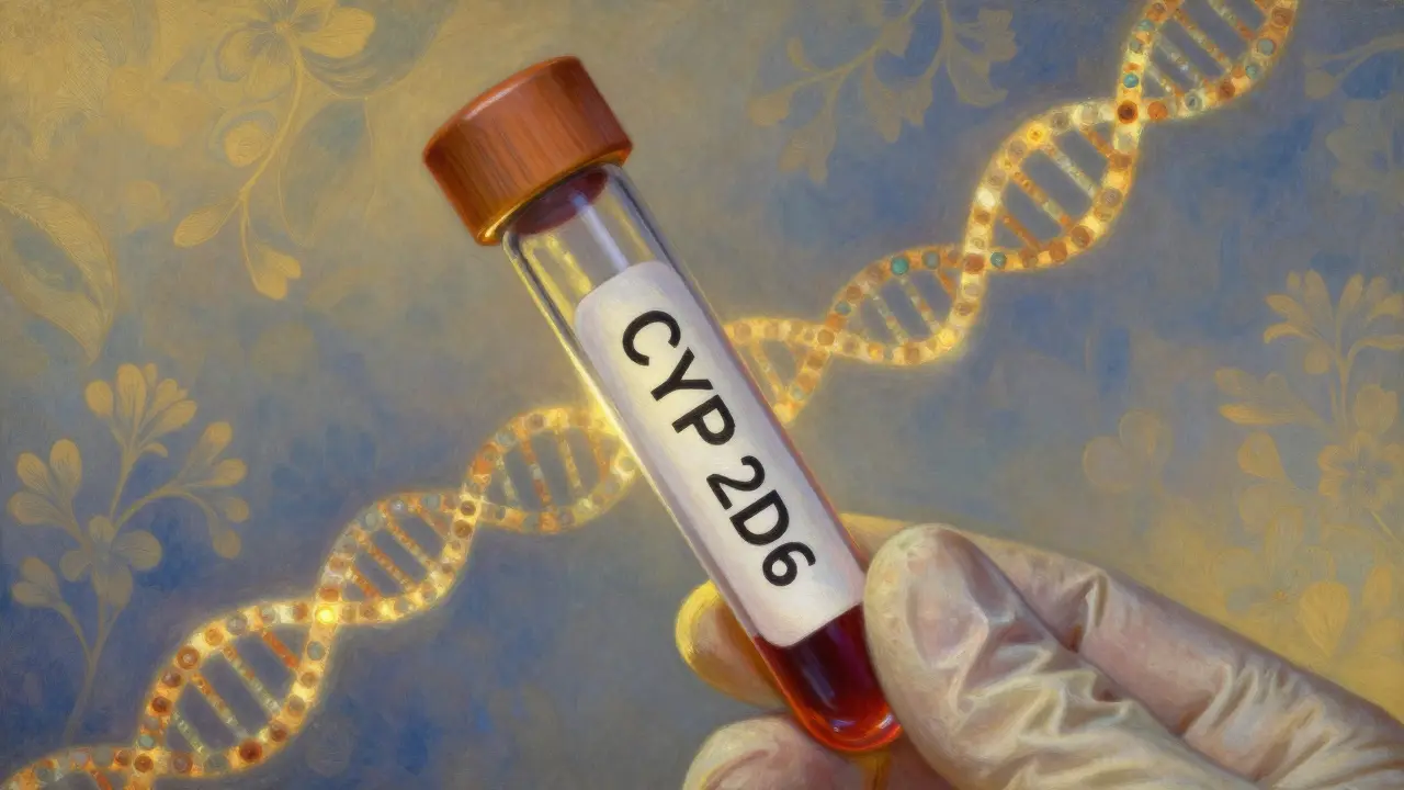 Blood vial with glowing CYP2D6 gene strands and floral background