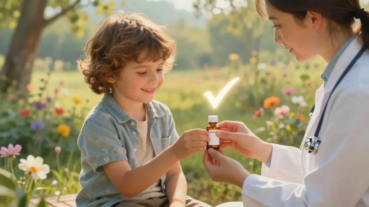 Child taking acetaminophen with glowing checkmark, serene landscape