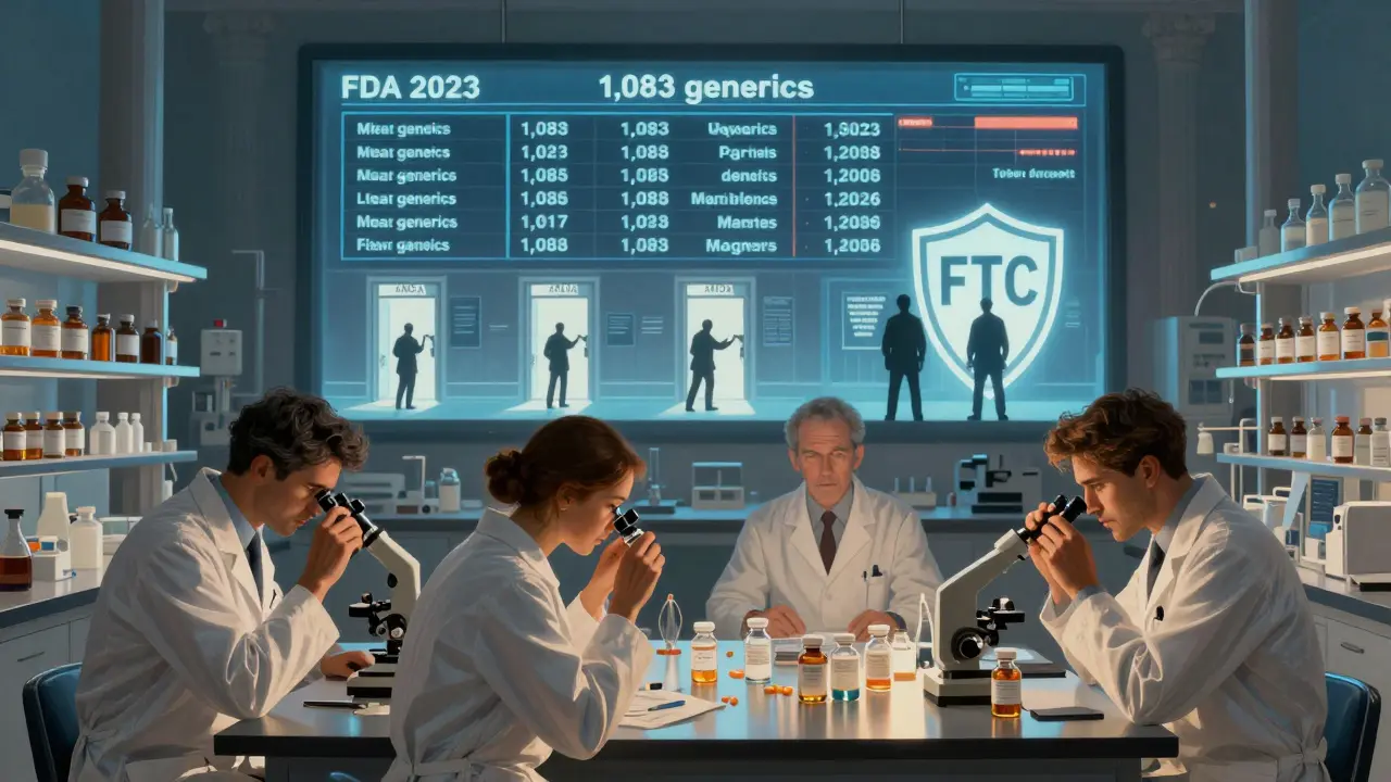 Ethereal FDA lab with real-time approval dashboard and manufacturers entering through ANDA doors, guarded by FTC shield.