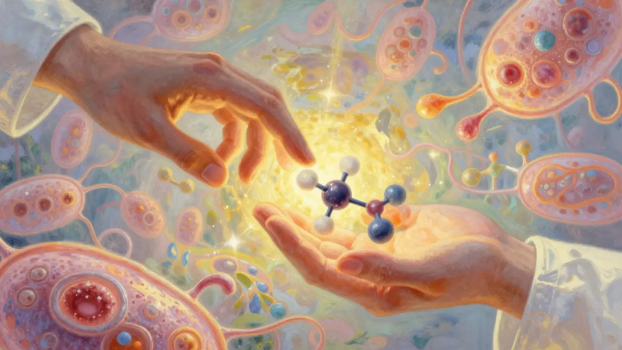 Futuristic treatment with glowing molecule repairing kidney cells.