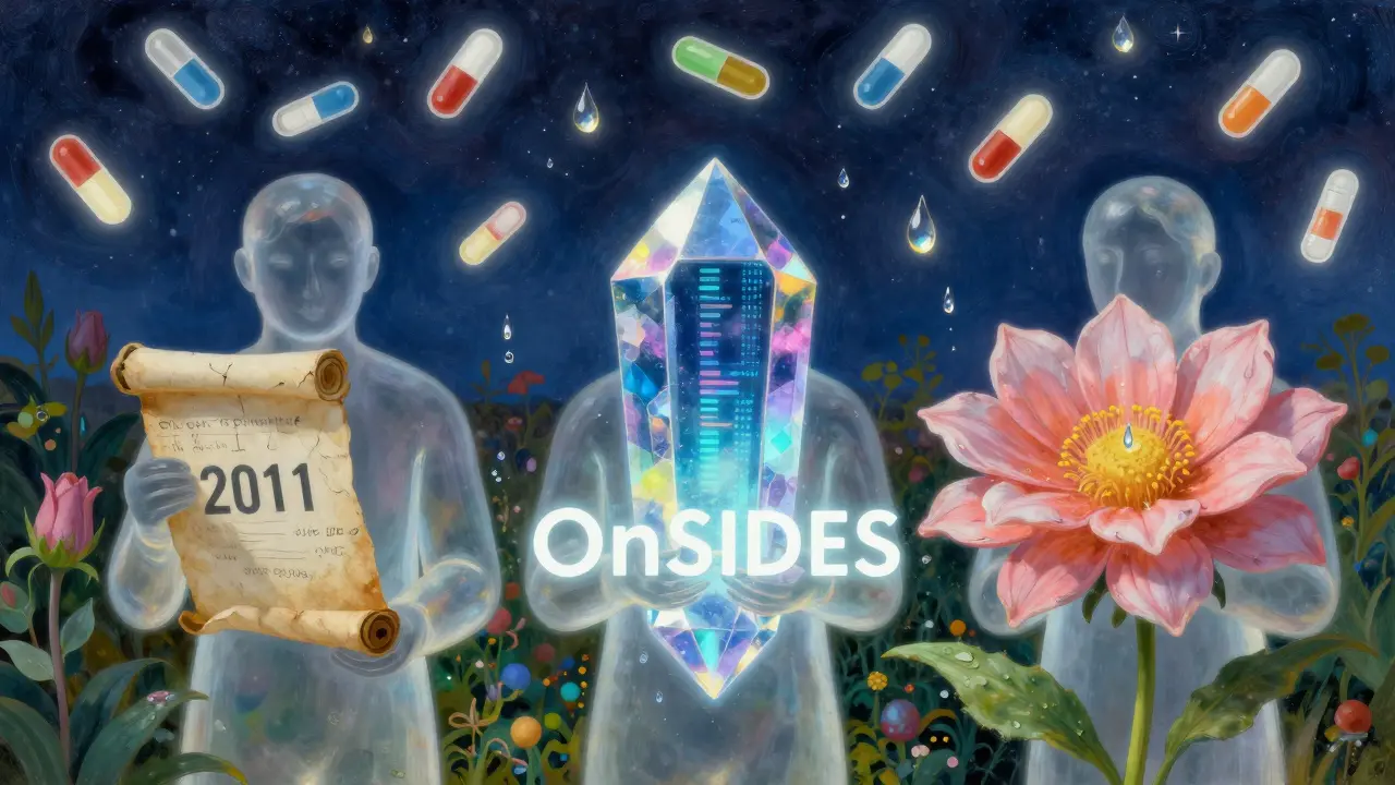 Three figures compare outdated and current drug data sources in a celestial garden with glowing icons.