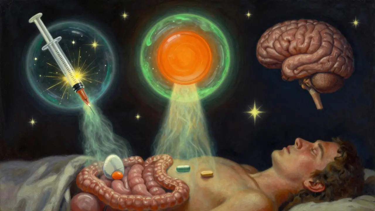 Three PAMORA medications floating as radiant orbs, each emitting light into the intestines without affecting the brain.