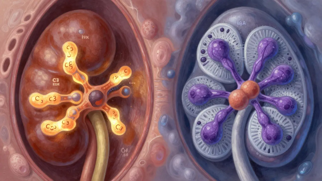 Two types of glomerulonephritis shown in contrasting color schemes.