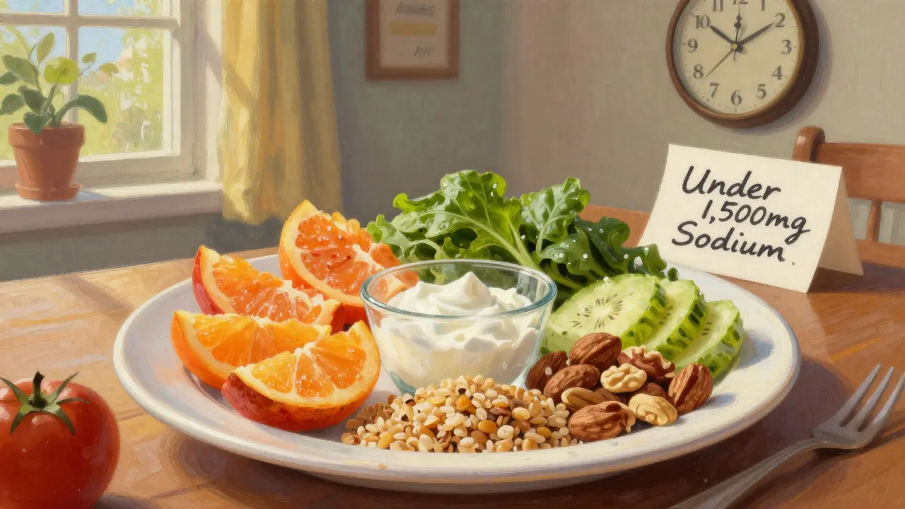 A balanced DASH diet plate with fruits, grains, and nuts under soft morning light, with a sodium limit note visible.