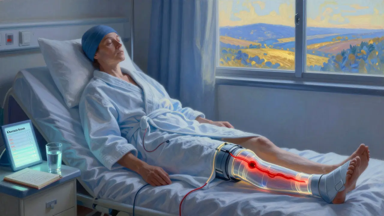 A cancer patient in a hospital bed with a compression cuff and glowing blood vessel, symbolizing clot risk and prevention.