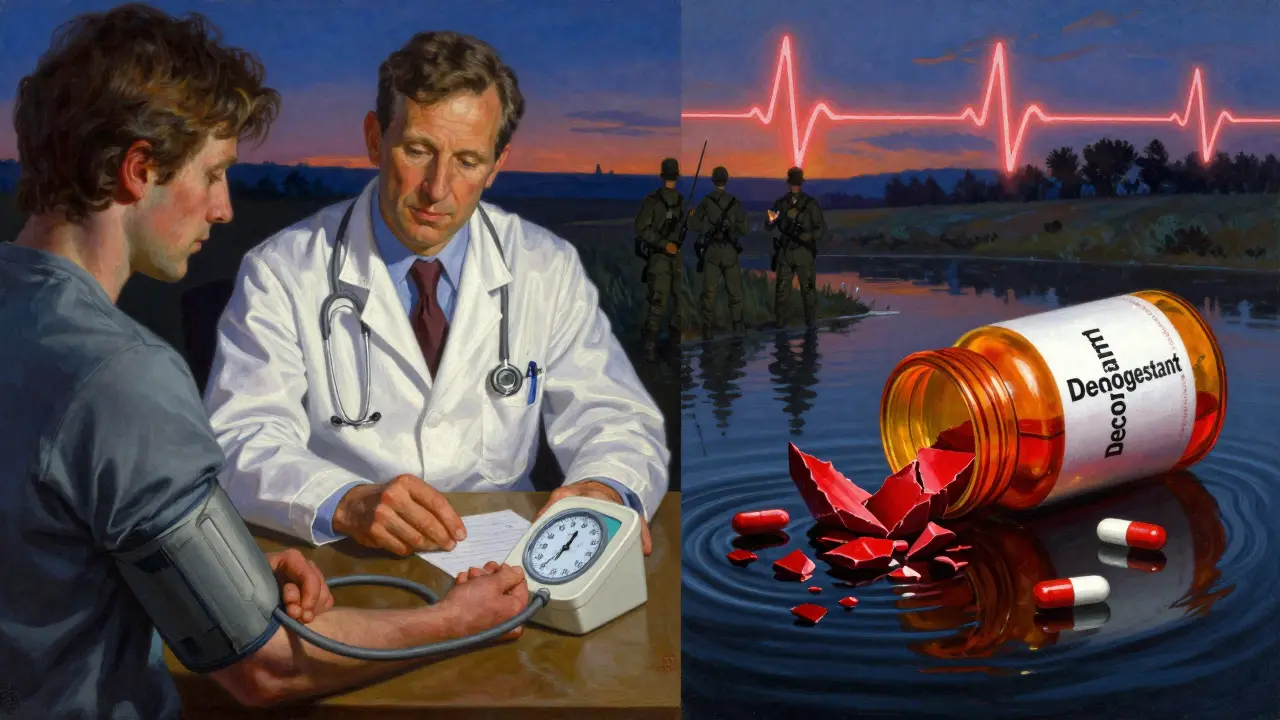 A cardiologist advising a patient while a cracked decongestant bottle spills dangerous red shards.