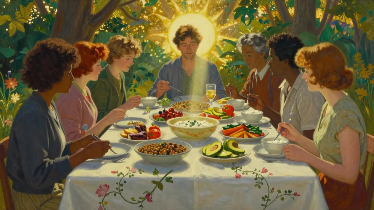A diverse group sharing a plant-forward meal under a glowing sunbeam, surrounded by lush, painterly foliage.