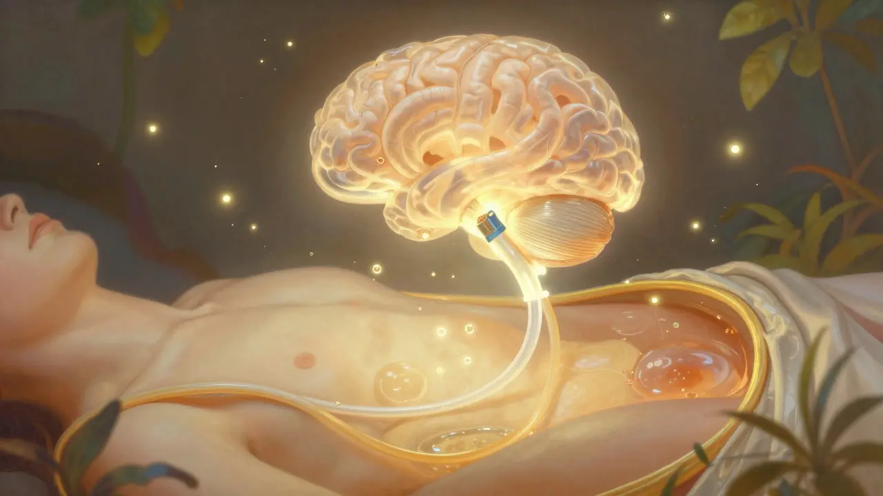 A glowing shunt system drains cerebrospinal fluid from the brain to the abdomen, rendered in luminous, painterly detail.