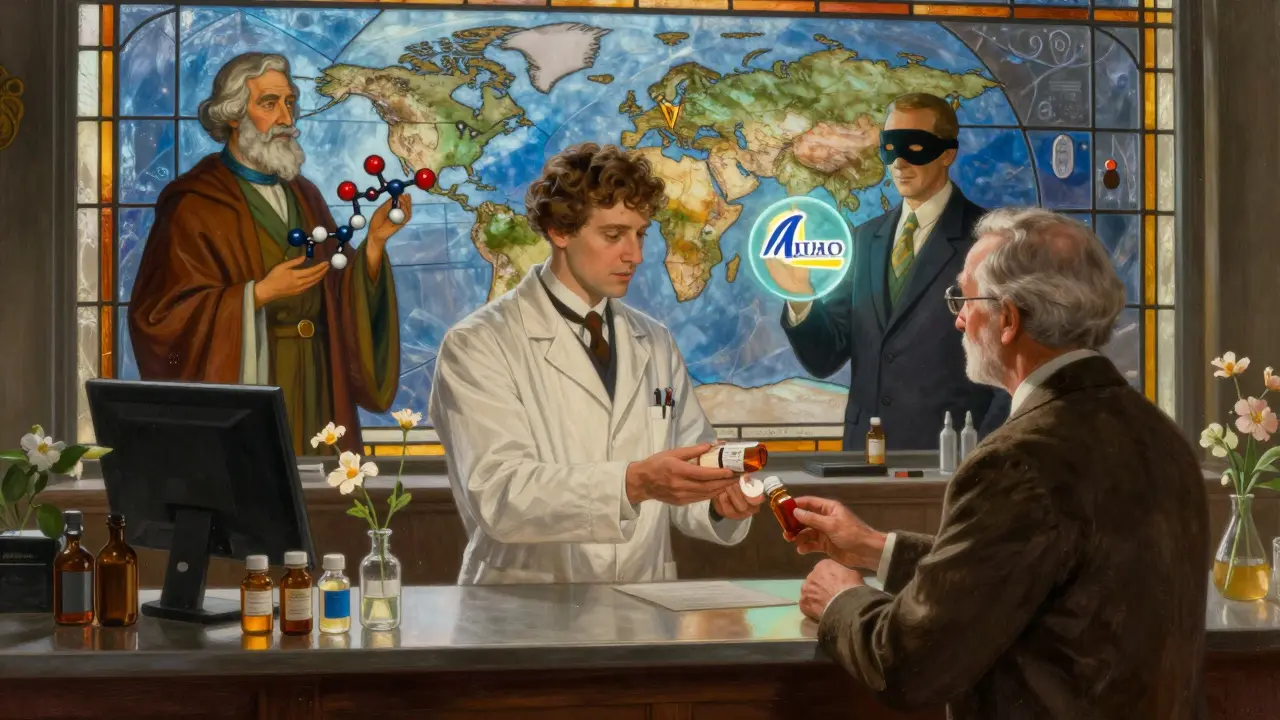 A pharmacist in vintage attire hands a prescription to a patient, with a mural showing chemists, a global map, and a brand logo behind them.