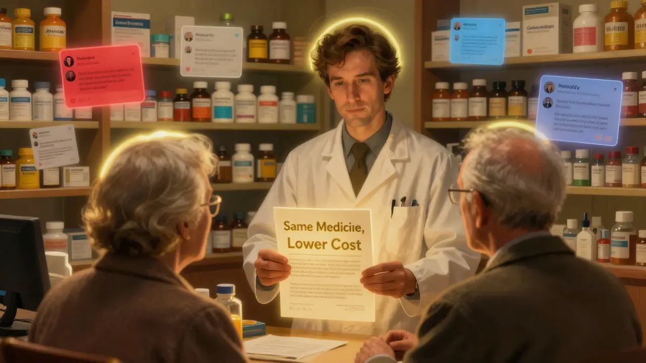 A pharmacist shares a fact sheet with an elderly patient, glowing reviews drifting like whispers around them.