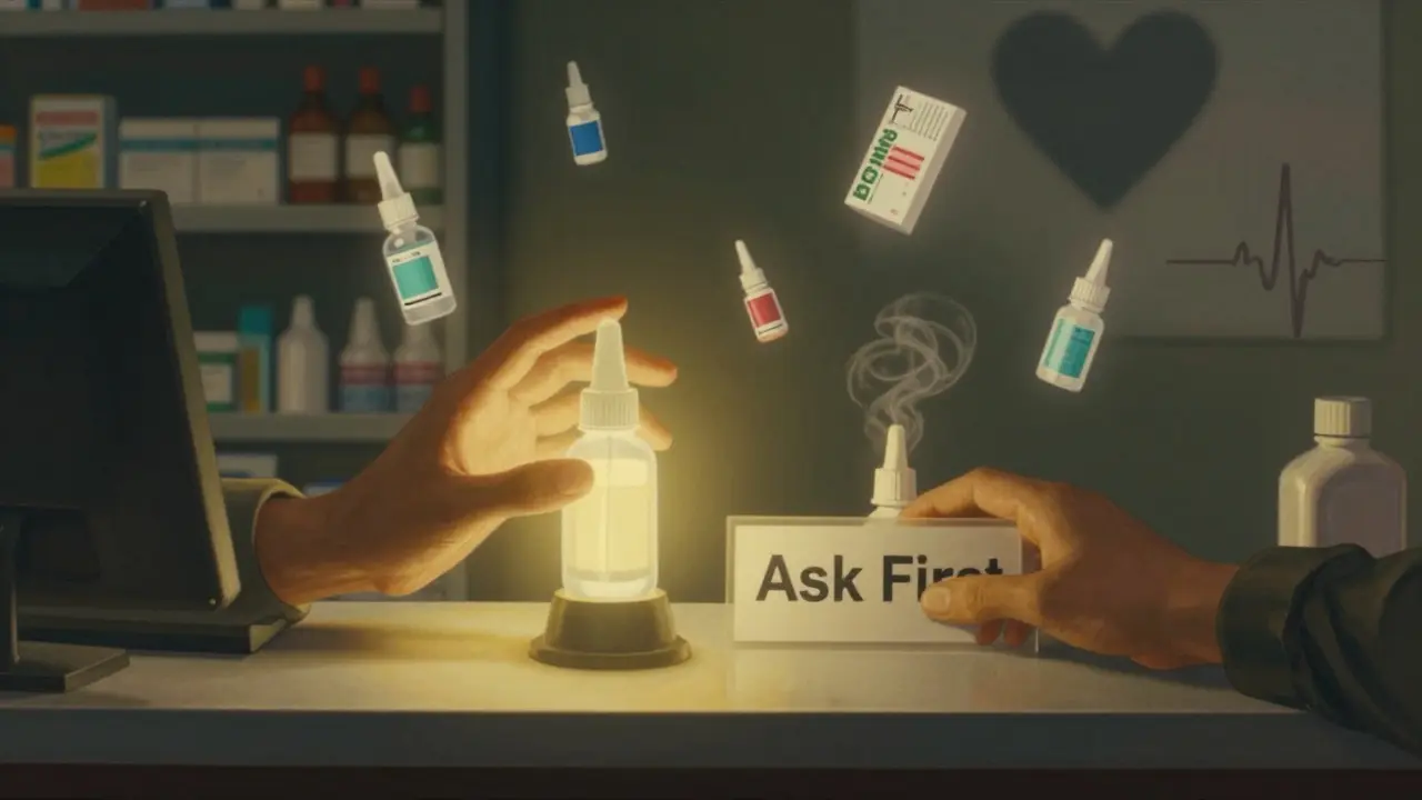 A pharmacy counter with one hand offering safe saline spray, another reaching for hidden decongestant.