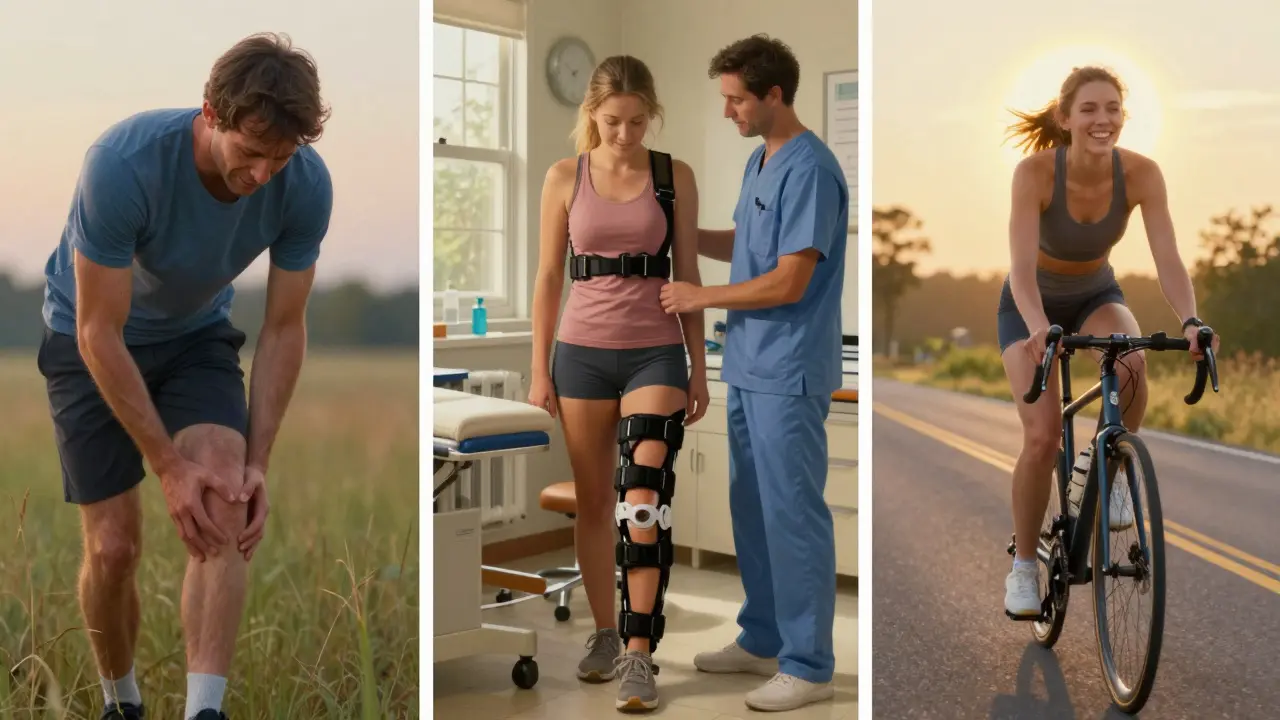 A three-part scene showing knee pain, professional bracing, and restored movement through cycling with radiant light.