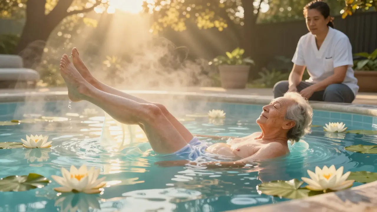 An older adult exercising gently in a luminous hydrotherapy pool surrounded by lilies and soft mist.