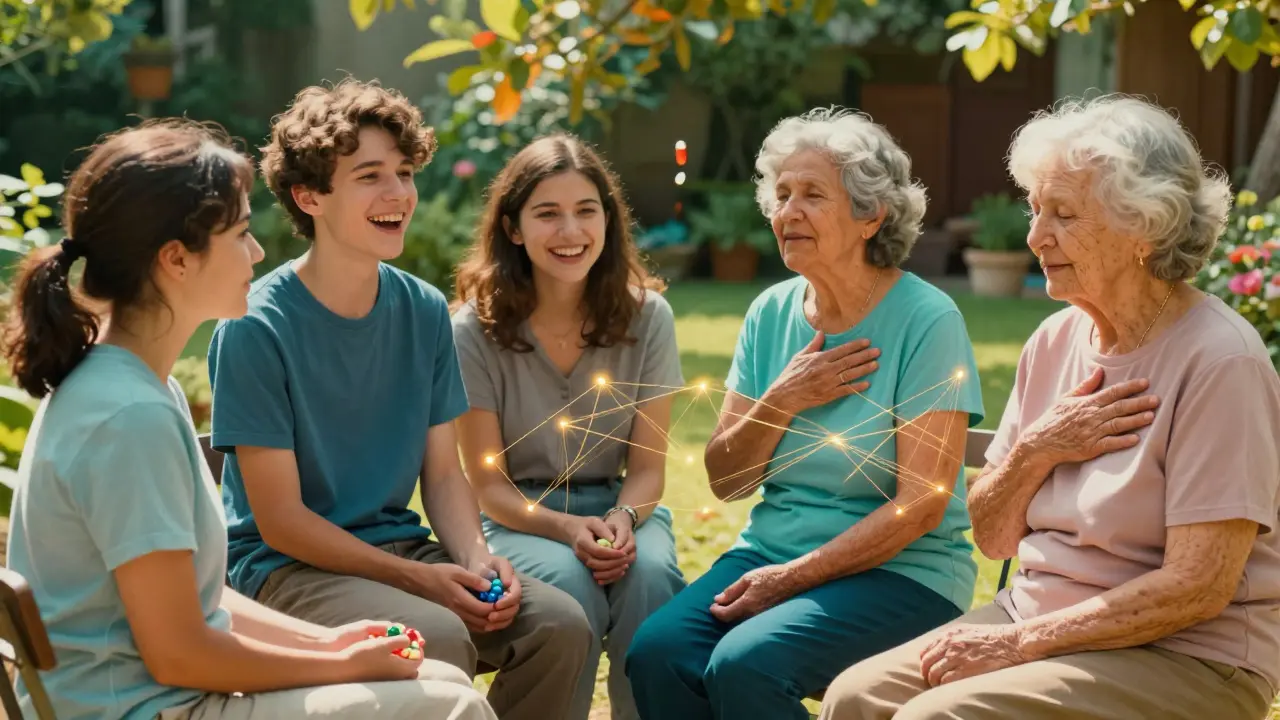 Diverse patients sit in a sunlit garden, each holding a pill, connected by golden threads of trust and understanding.