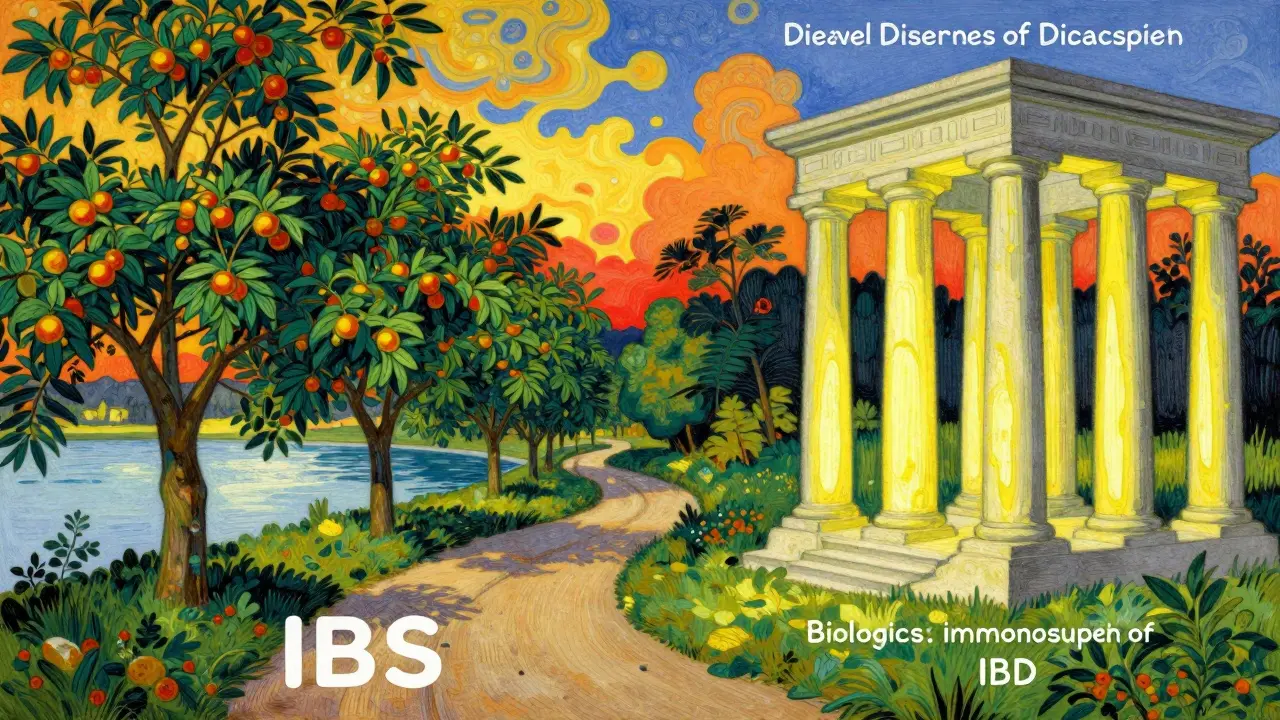 Fantasy landscape showing different treatment paths for gut health